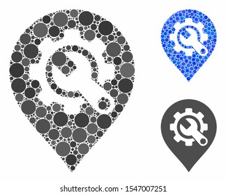 Service tools map marker mosaic of spheric dots in different sizes and color tinges, based on service tools map marker icon. Vector dots are composed into blue mosaic.