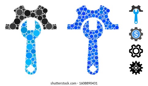 Service tools mosaic of circle elements in variable sizes and color tinges, based on service tools icon. Vector circle elements are united into blue mosaic.