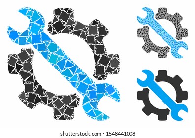 Service tools mosaic of humpy pieces in different sizes and color tinges, based on service tools icon. Vector humpy parts are united into mosaic. Service tools icons collage with dotted pattern.