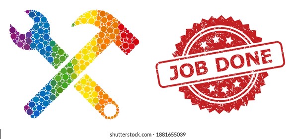 Service tools mosaic icon of filled circle dots in variable sizes and rainbow color tones, and Job Done corroded rosette seal imitation. A dotted LGBT-colored Service tools for lesbians, gays,