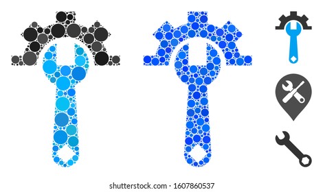 Service tools mosaic of round dots in various sizes and color hues, based on service tools icon. Vector dots are grouped into blue mosaic. Dotted service tools icon in usual and blue versions.