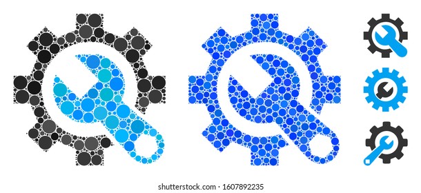 Service tools mosaic of round dots in variable sizes and color tints, based on service tools icon. Vector round dots are grouped into blue mosaic. Dotted service tools icon in usual and blue versions.