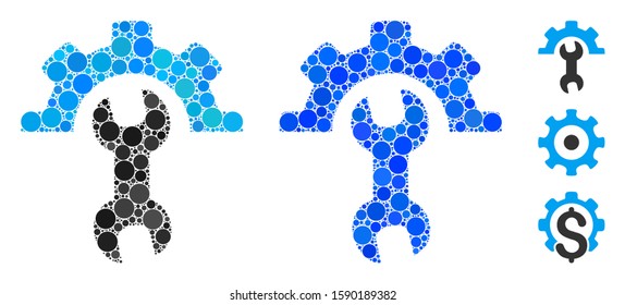 Service tools mosaic of small circles in various sizes and color tones, based on service tools icon. Vector random circles are combined into blue mosaic.
