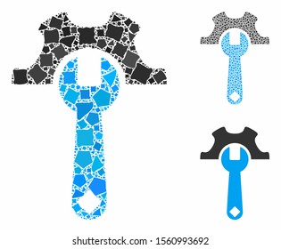 Service tools mosaic of trembly pieces in variable sizes and color tinges, based on service tools icon. Vector tremulant pieces are grouped into collage.