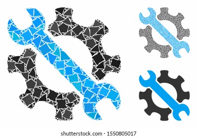 Service tools mosaic of unequal elements in different sizes and color tinges, based on service tools icon. Vector rough elements are combined into collage.