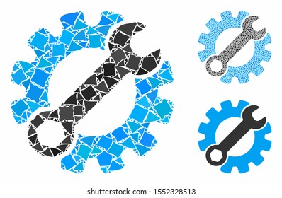 Service tools mosaic of unequal pieces in different sizes and color tints, based on service tools icon. Vector bumpy pieces are combined into collage. Service tools icons collage with dotted pattern.