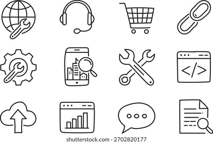 Conjunto de iconos de esquema de servicios y herramientas: Asistencia, codificación, análisis, nube, móvil, iconos de comercio electrónico
