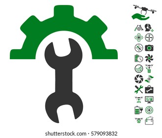 Service Tools pictograph with bonus aircopter service pictures. Vector illustration style is flat iconic green and gray symbols on white background.