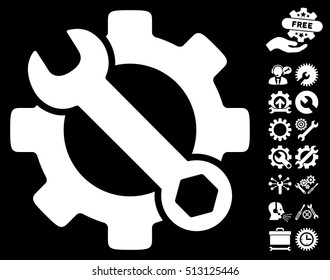 Service Tools pictograph with bonus tools images. Vector illustration style is flat iconic white symbols on black background.