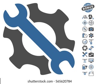 Service Tools pictograph with bonus quad copter service clip art. Vector illustration style is flat iconic cobalt and gray symbols on white background.