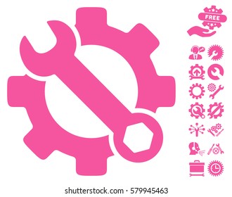 Service Tools pictograph with bonus setup tools design elements. Vector illustration style is flat iconic pink symbols on white background.