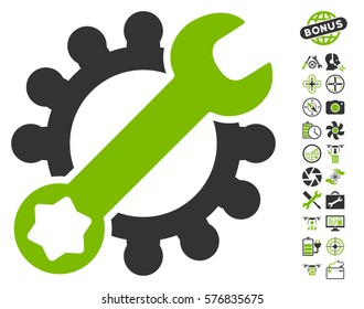 Service Tools pictograph with bonus uav service pictograms. Vector illustration style is flat iconic eco green and gray symbols on white background.
