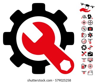 Service Tools pictograph with bonus uav service clip art. Vector illustration style is flat iconic intensive red and black symbols on white background.