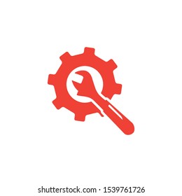 Service Tools Red Icon On White Background. Red Gear Wheel & Hammer Flat Style Vector Illustration