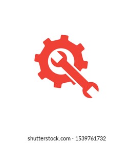 Service Tools Red Icon On White Background. Red Gear Wheel & Hammer Flat Style Vector Illustration