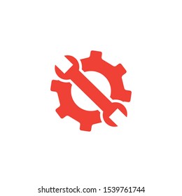 Service Tools Red Icon On White Background. Red Gear Wheel & Hammer Flat Style Vector Illustration