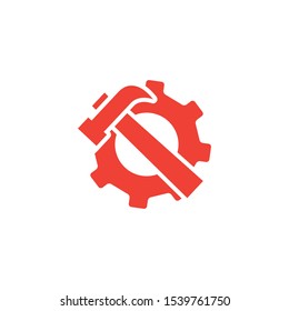 Service Tools Red Icon On White Background. Red Gear Wheel & Hammer Flat Style Vector Illustration
