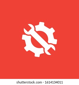 Service Tools Red Icon On White Background. Red Gear Wheel & Hammer Flat Style Vector Illustration.