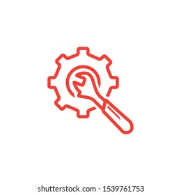 Service Tools Red Line Icon On White Background. Red Gear Wheel & Hammer Flat Style Vector Illustration