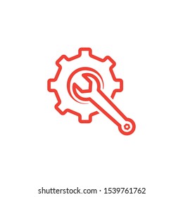 Service Tools Red Line Icon On White Background. Red Gear Wheel & Hammer Flat Style Vector Illustration