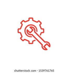 Service Tools Red Line Icon On White Background. Red Gear Wheel & Hammer Flat Style Vector Illustration