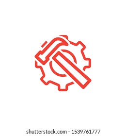 Service Tools Red Line Icon On White Background. Red Gear Wheel & Hammer Flat Style Vector Illustration