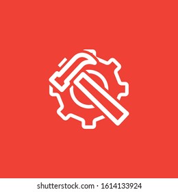 Service Tools Red Line Icon On White Background. Red Gear Wheel & Hammer Flat Style Vector Illustration.