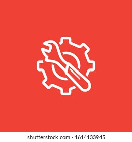 Service Tools Red Line Icon On White Background. Red Gear Wheel & Hammer Flat Style Vector Illustration.