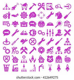 Service Tools and Space Rockets vector icon set. Collection style is violet flat symbols on a white background.