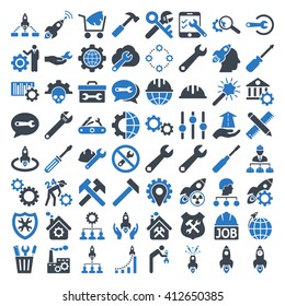Service Tools and Space Rockets vector icon set. Collection style is bicolor smooth blue flat symbols on a white background.