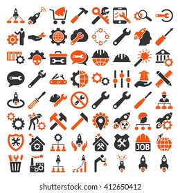 Service Tools and Space Rockets vector icon set. Collection style is bicolor orange and gray flat symbols on a white background.