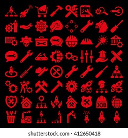 Service Tools and Space Rockets vector icon set. Collection style is red flat symbols on a black background.