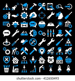 Service Tools and Space Rockets vector icon set. Collection style is bicolor blue and white flat symbols on a black background.