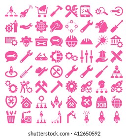Service Tools and Space Rockets vector icon set. Collection style is pink flat symbols on a white background.