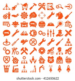 Service Tools and Space Rockets vector icon set. Collection style is orange flat symbols on a white background.