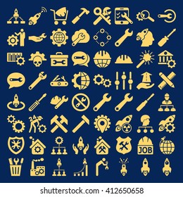 Service Tools and Space Rockets vector icon set. Collection style is yellow flat symbols on a blue background.