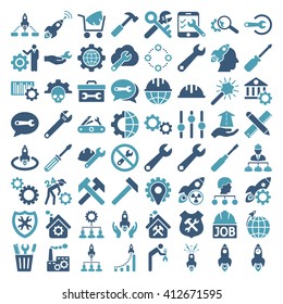 Service Tools and Space Rockets vector icon set. Collection style is bicolor cyan and blue flat symbols on a white background.