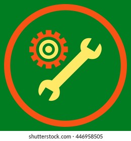 Service Tools vector bicolor icon. Image style is a flat icon symbol inside a circle, orange and yellow colors, green background.