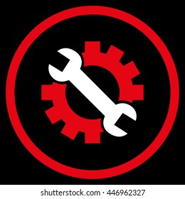 Service Tools vector bicolor icon. Image style is a flat icon symbol inside a circle, red and white colors, black background.