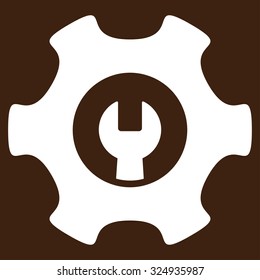 Service Tools vector icon. Style is flat symbol, white color, rounded angles, brown background.