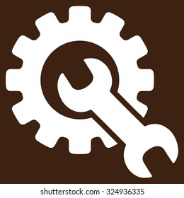 Service Tools vector icon. Style is flat symbol, white color, rounded angles, brown background.