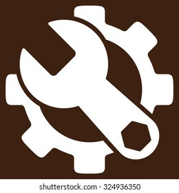 Service Tools vector icon. Style is flat symbol, white color, rounded angles, brown background.