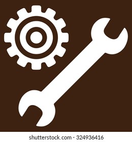Service Tools vector icon. Style is flat symbol, white color, rounded angles, brown background.