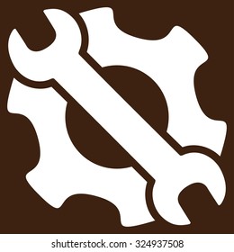 Service Tools vector icon. Style is flat symbol, white color, rounded angles, brown background.