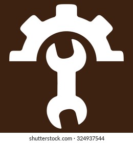 Service Tools vector icon. Style is flat symbol, white color, rounded angles, brown background.