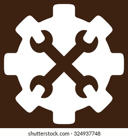 Service Tools vector icon. Style is flat symbol, white color, rounded angles, brown background.