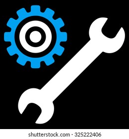 Service Tools vector icon. Style is bicolor flat symbol, blue and white colors, rounded angles, black background.