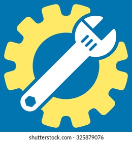 Service Tools vector icon. Style is bicolor flat symbol, yellow and white colors, rounded angles, blue background.