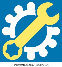Service Tools vector icon. Style is bicolor flat symbol, yellow and white colors, rounded angles, blue background.