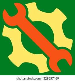 Service Tools vector icon. Style is bicolor flat symbol, orange and yellow colors, rounded angles, green background.